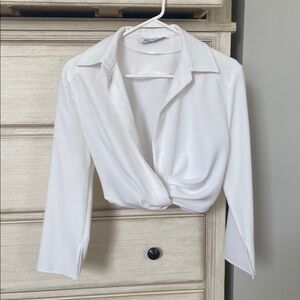 Zara White 3/4 Sleeve Notched Collar Wrap Blouse